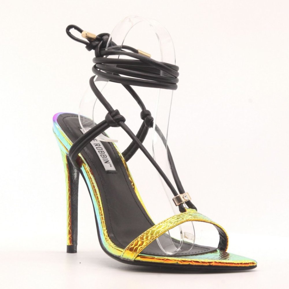 ! NEW ! Mermaid Metallic & Black Ankle Wrap Heels - Picture 9 of 11
